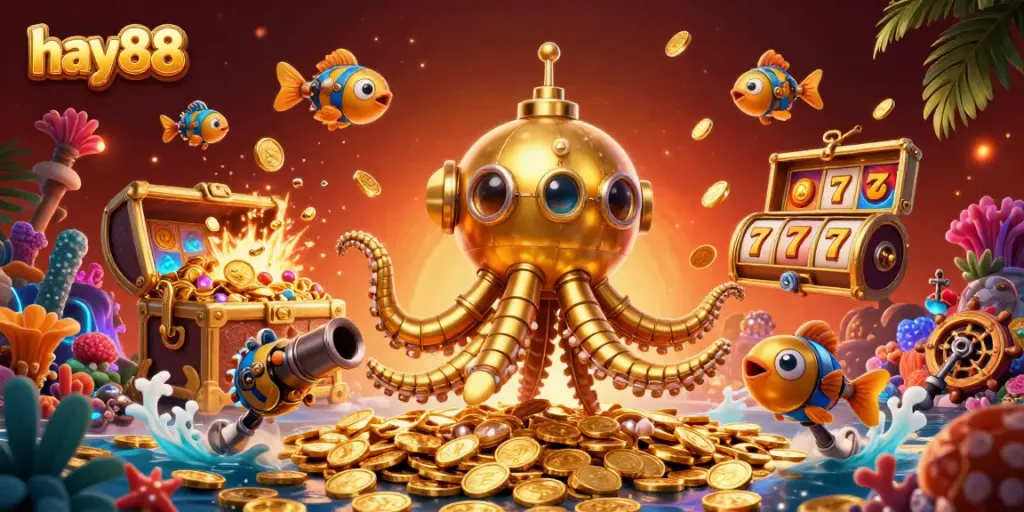 Experience thrilling jackpots at hay88 in this vibrant underwater casino adventure illustration.