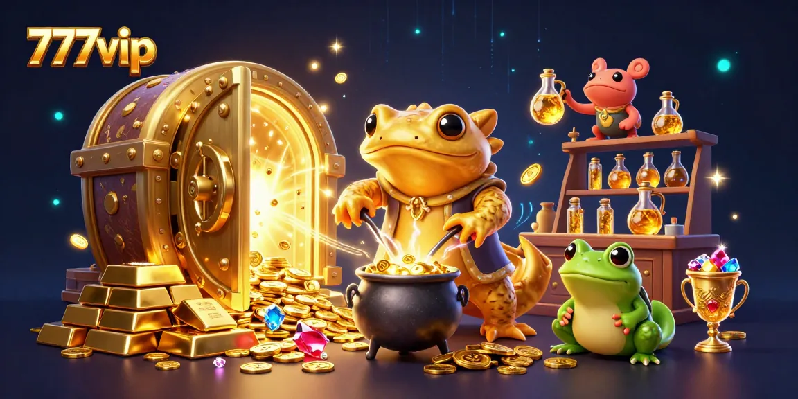 777vip players enjoy a vibrant casino experience with gold coins and game elements in a magical 3D scene.
