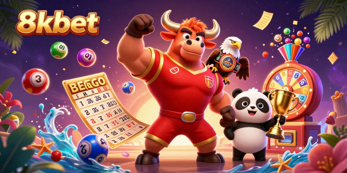 8xbet showcases vibrant casino action with lottery balls, a trophy, and festive characters in celebration.