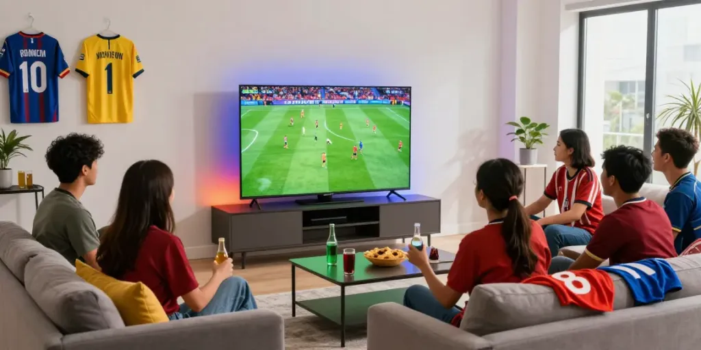 Socolive viewing party with friends enjoying a live soccer match in a modern setting.