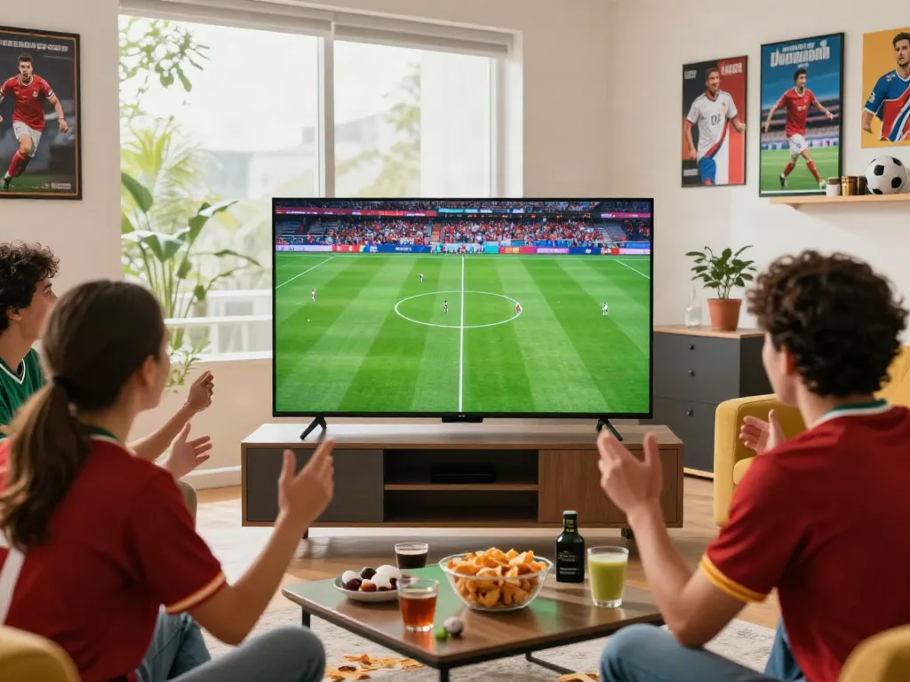 Gavangtv viewing party in a vibrant living room with friends enjoying live football.