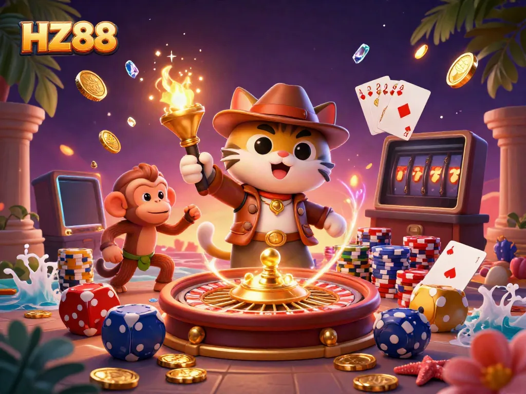 Experience HZ88's thrilling casino adventure amidst cascading coins and vibrant games.