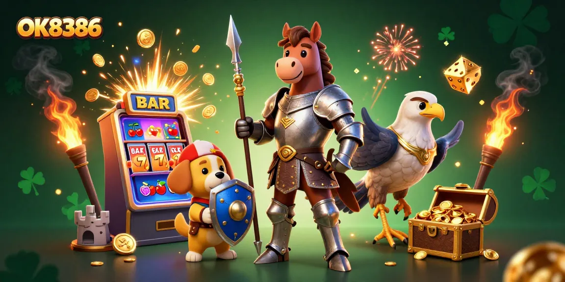 Engage with the thrilling world of OK8386, featuring a knight and friends amidst a vibrant jackpot.