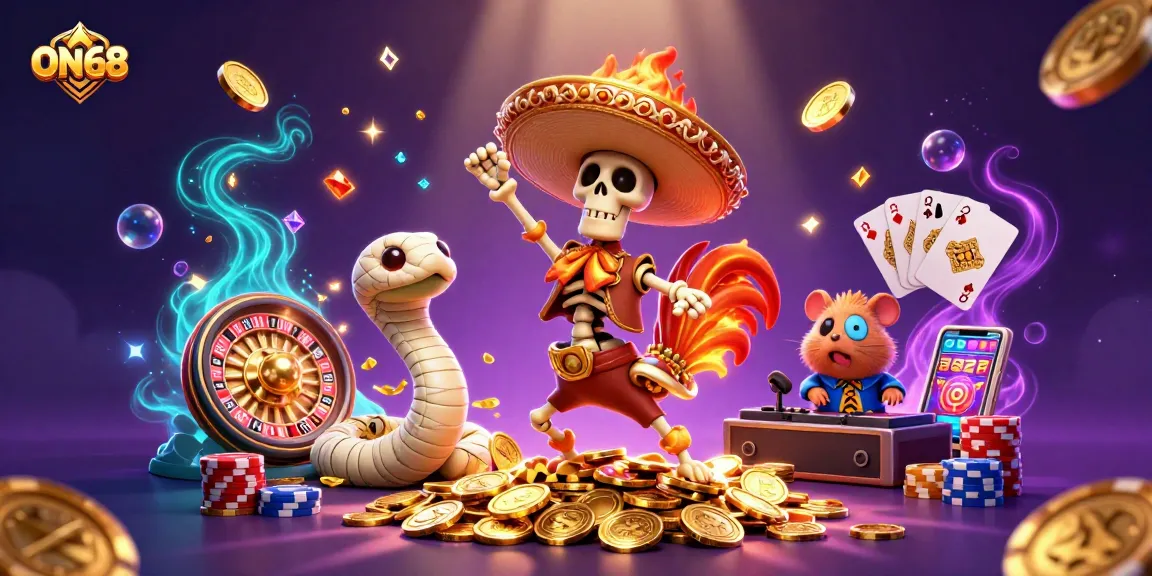 Engage in thrilling gaming at ON68 with a lively skeleton rooster, mummy snake, and DJ hamster.
