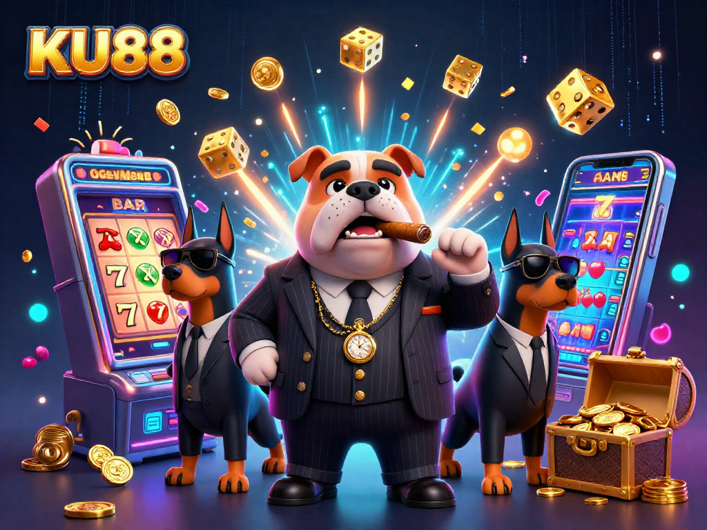 Experience thrilling wins at KU88 with a dynamic 3D illustration of a casino scene featuring slots and animated characters.
