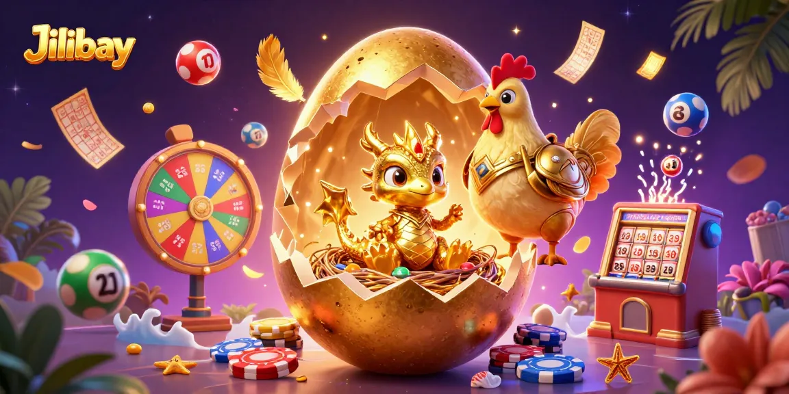 Jilibay showcases a dazzling 3D scene with a golden dragon, poker chips, and lottery elements.