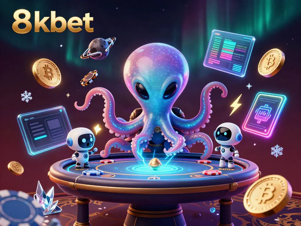 Engaging 3D illustration of 8kbet featuring cartoon alien octopus at a holographic poker table.