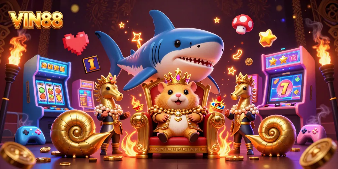 Experience thrilling gameplay at VIN88 with the golden hamster king and vibrant casino elements.