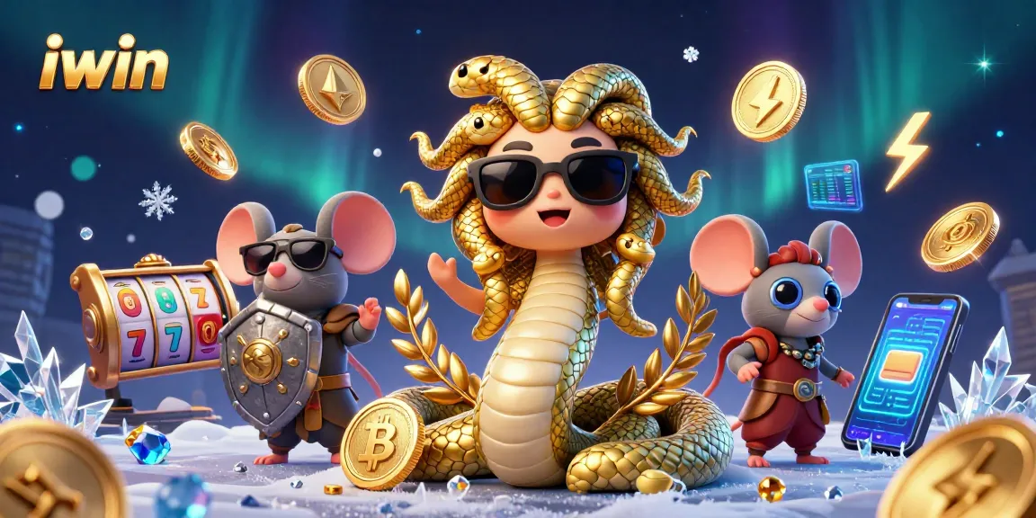 Spin to win with iwin in this dynamic casino-themed 3D illustration featuring Medusa and a warrior mouse.