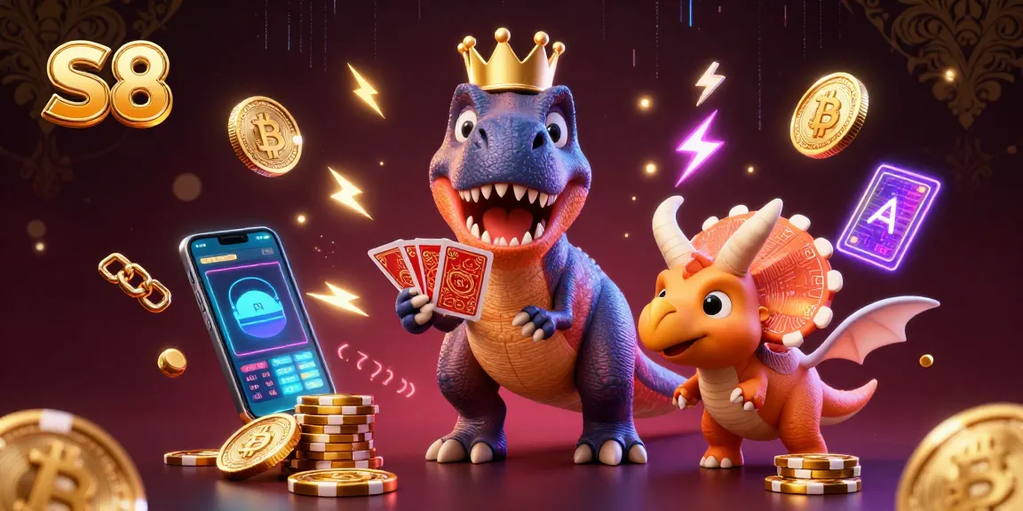 Bet on S8 for thrilling gameplay with a friendly T-Rex, pterodactyl assistant, and triceratops in a dynamic casino scene.
