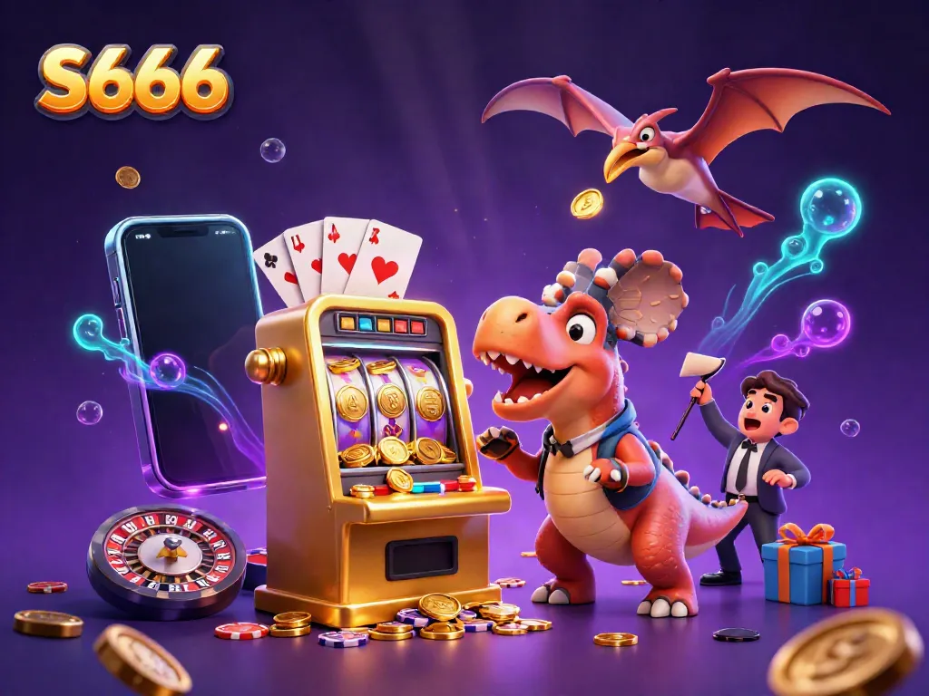 S666 brings excitement as a pachycephalosaurus scores jackpots at a casino, showcasing golden coins and vibrant gaming elements.