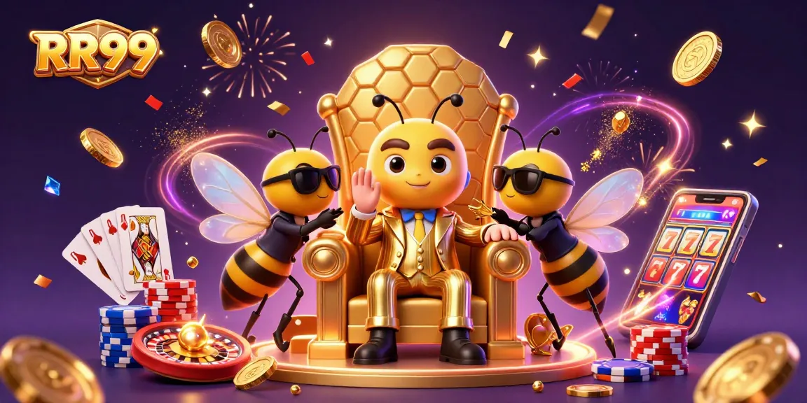 Experience excitement at RR99, a lively casino scene filled with sparkling coins and game elements.