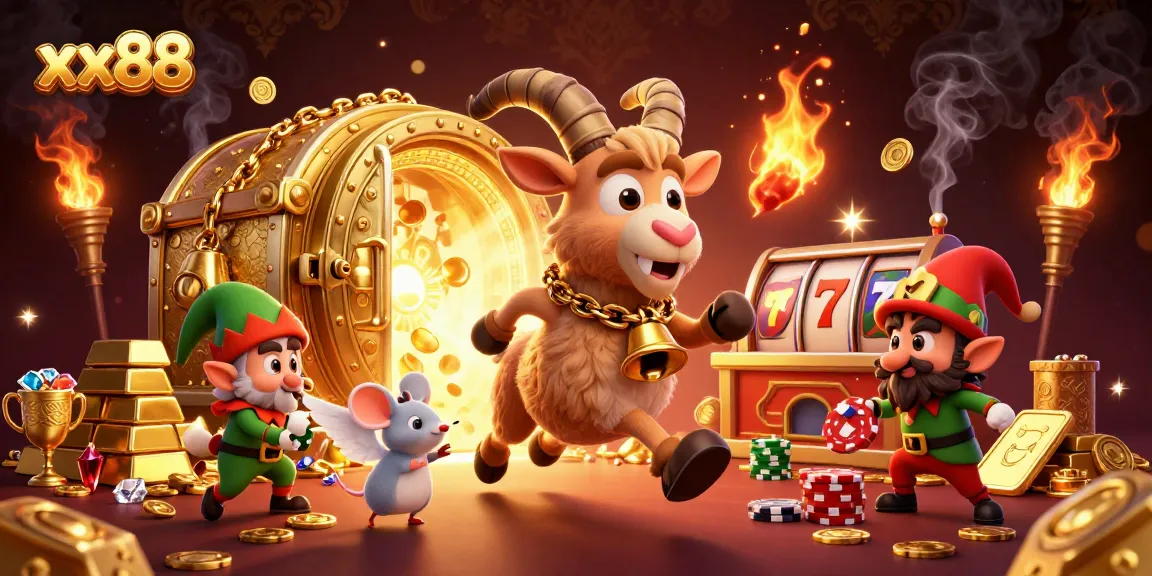 Experience thrilling gameplay at xx88 with a dynamic casino scene featuring playful characters and shiny treasures.