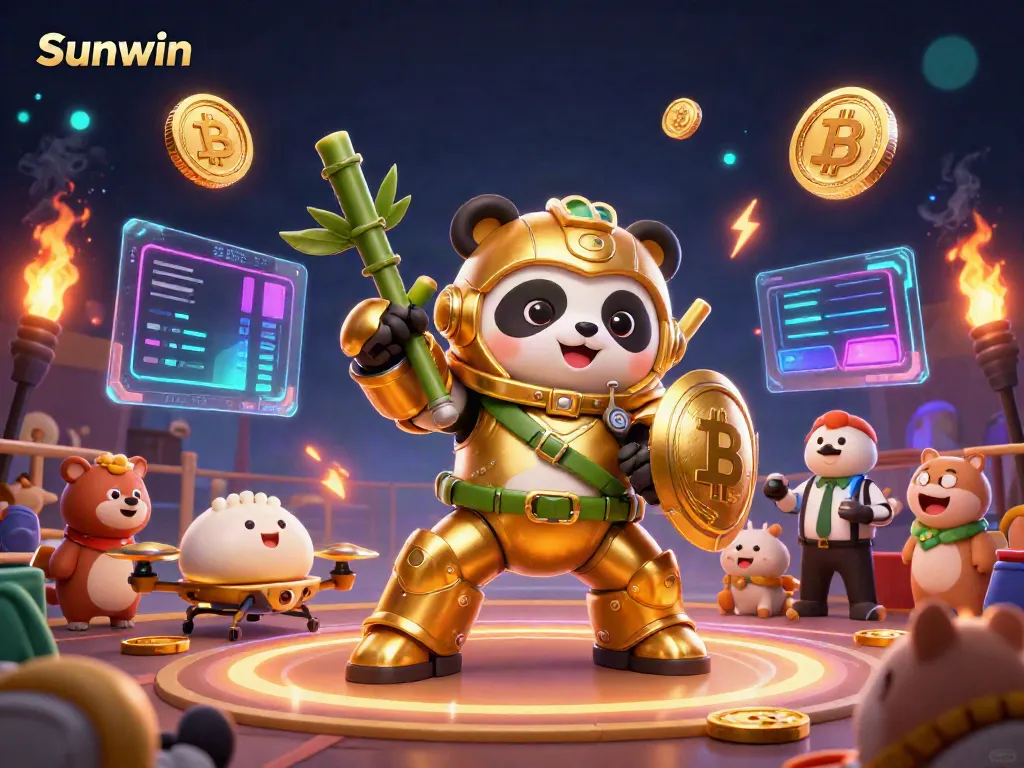 Engage in dynamic gameplay with Sunwin's vibrant gaming battle featuring a golden panda mech and crypto elements.