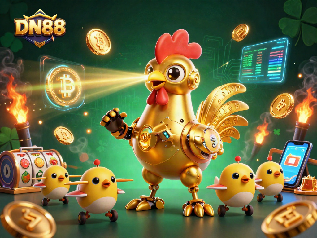 Experience thrilling gaming with DN88 as the golden rooster robot and baby chick drones engage in vibrant casino action.