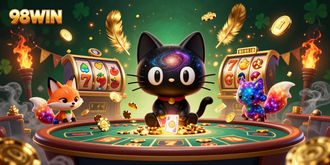 Experience the excitement of 98WIN with a cosmic casino featuring animated characters and engaging gambling elements.