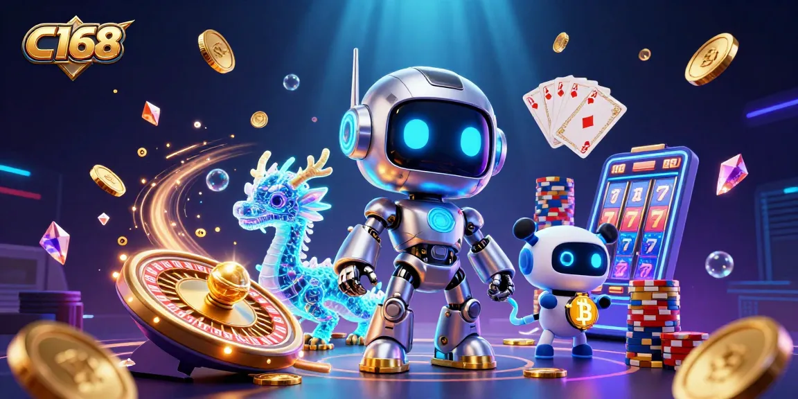 C168 casino promotion with robotic mascot, colorful chips, and golden coins attracting players