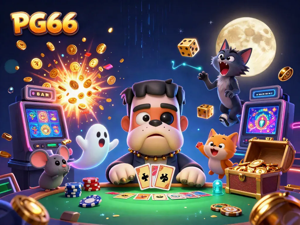 PG66 casino experience featuring a lively Frankenstein bulldog dealer, ghost mouse, and werewolf kitten in a festive gambling scene.