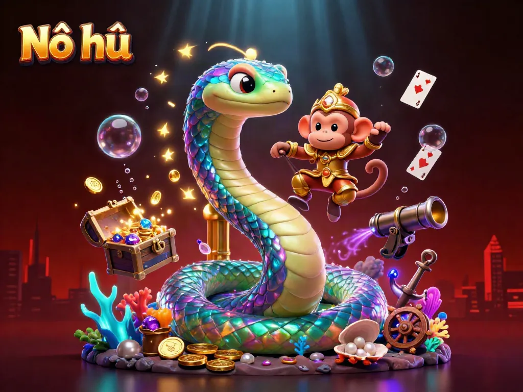 Experience vibrant Nổ hũ adventure with a golden monkey king and a shimmering rainbow serpent amidst adventure treasures.