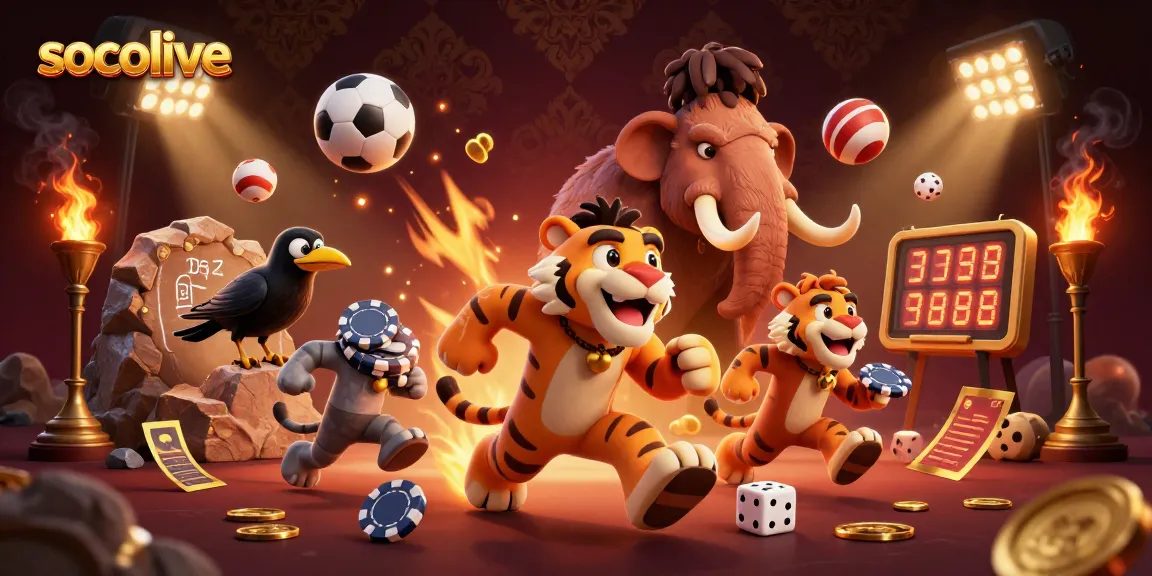 Socolive captures the thrill of betting in a dynamic prehistoric casino scene featuring unique characters and gambling elements.