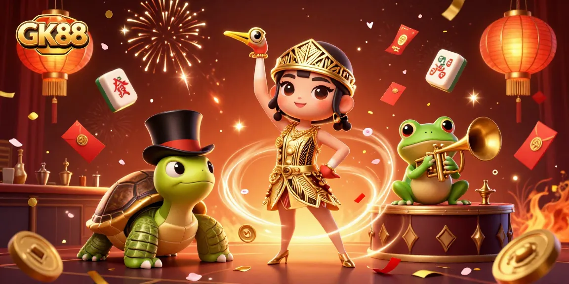 Win big at GK88 with vibrant celebrations and animated characters in an exciting casino scene.
