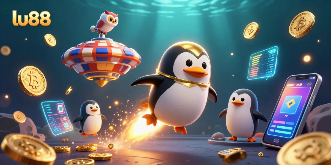 Experience exciting gameplay with lu88 as a golden penguin races towards a poker chip casino, surrounded by crypto elements.