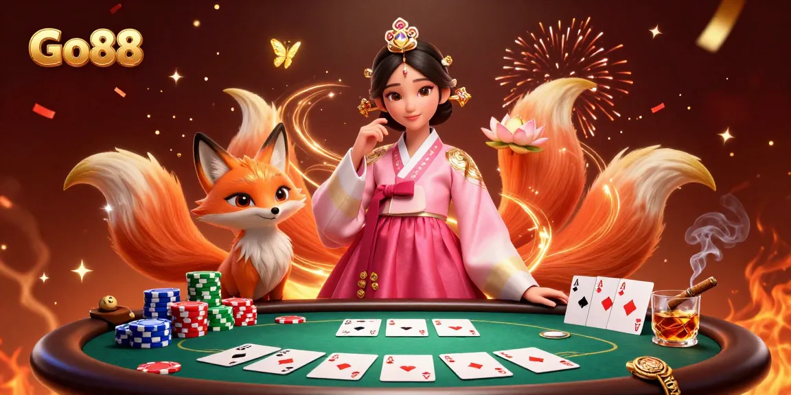 Experience the thrill of Go88 with an Asian woman in hanbok and a lucky fox at a poker table.