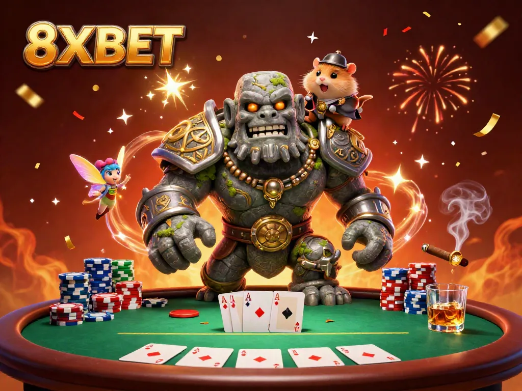 Engage with the vibrant world of 8XBET featuring a golem guardian and friends in a lively casino scene.