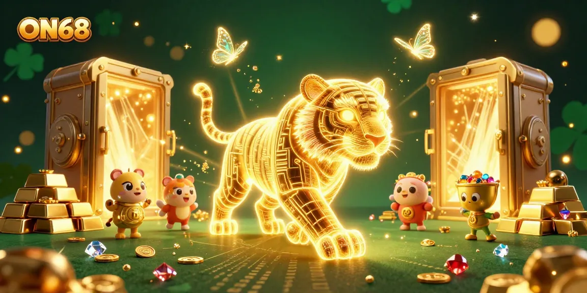 Experience the thrill of ON68 with a dazzling 3D casino scene featuring a golden tiger amidst sparkling treasures and holographic art.