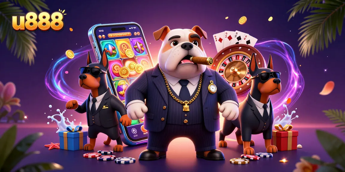 Play exciting casino games at u888 with the mafia boss and his bodyguards in a vibrant scene.