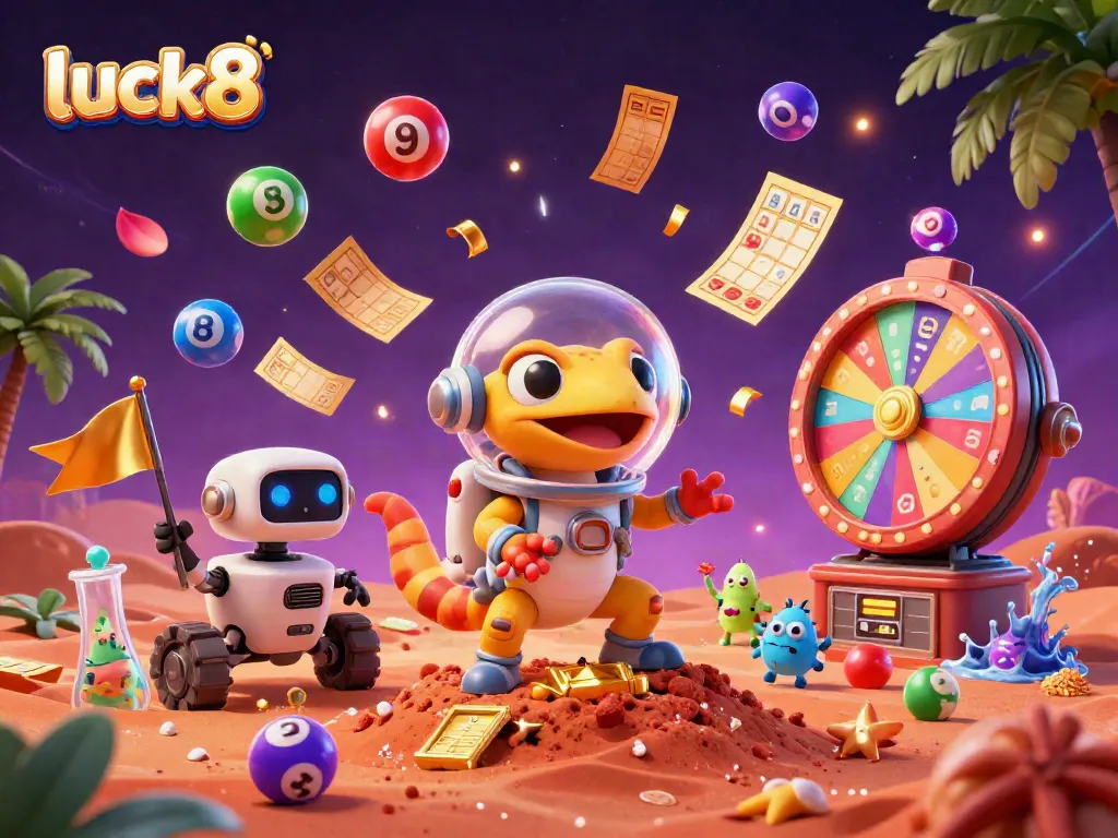 Experience the excitement of luck8 casino with a Martian gecko uncovering treasures, surrounded by vibrant lottery elements.