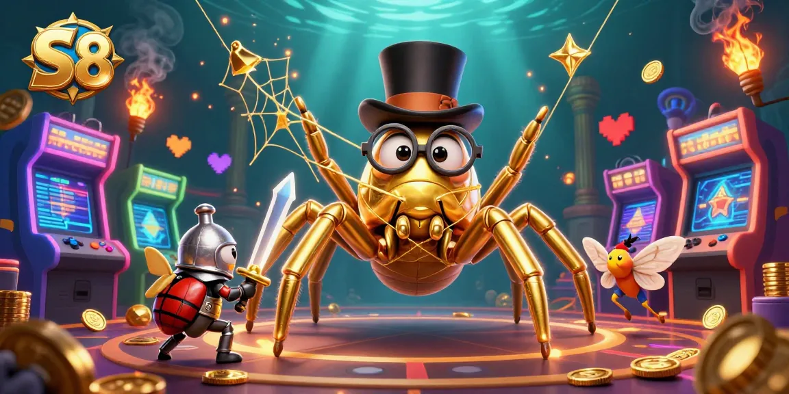 Experience thrilling gameplay with S8 as a golden tarantula weaves a web among casino elements.