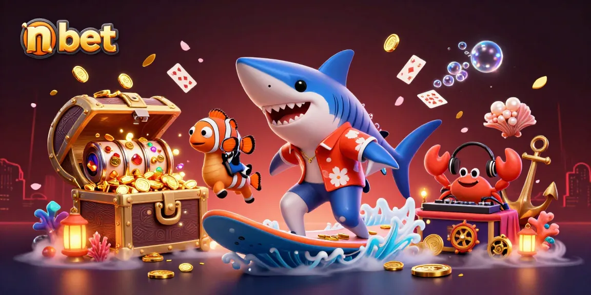 Engaging 3D scene with characters surfing on gold coins for n bet promoting gaming excitement.