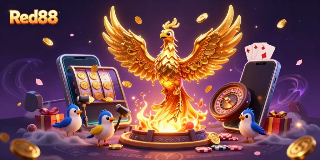 Red88's immersive gaming experience featuring a golden phoenix and vibrant casino elements.