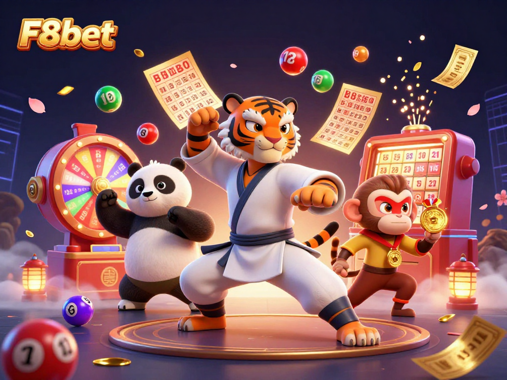 Engage with F8bet through a dynamic 3D illustration showcasing characters in an exciting online casino setting.