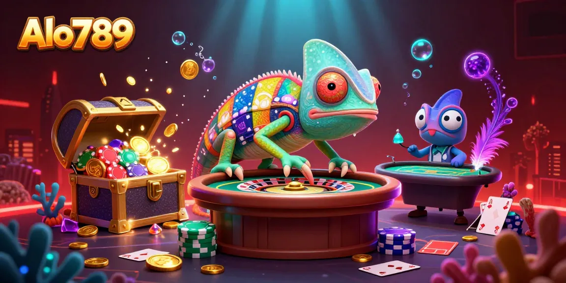 Alo789 chameleon casino owner watches over dynamic gambling scene filled with playing cards and golden coins.