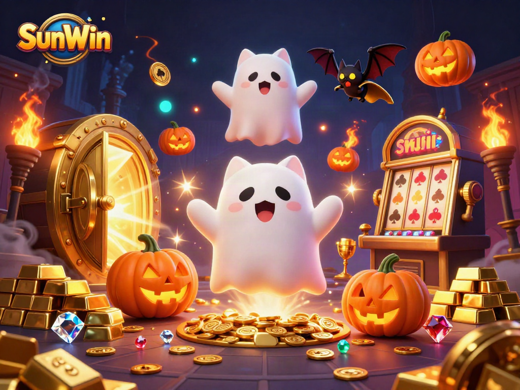 SunWin players enjoy the thrill of ghostly slots amidst treasures and magical glows.