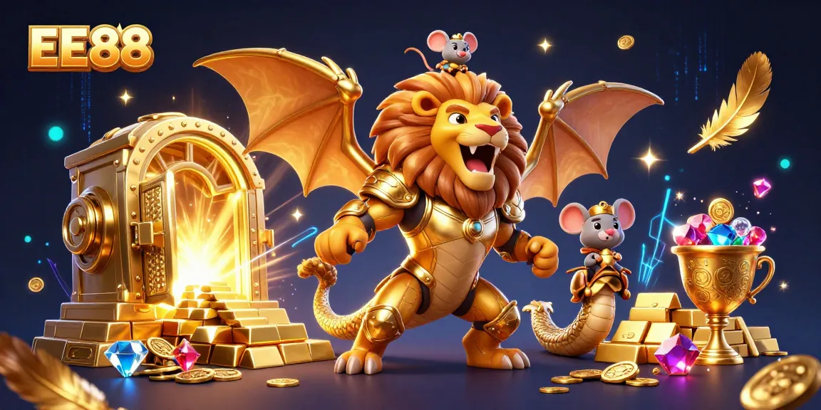 EE88 features a triumphant chimera creature amid a dazzling casino treasure scene with rich gems.