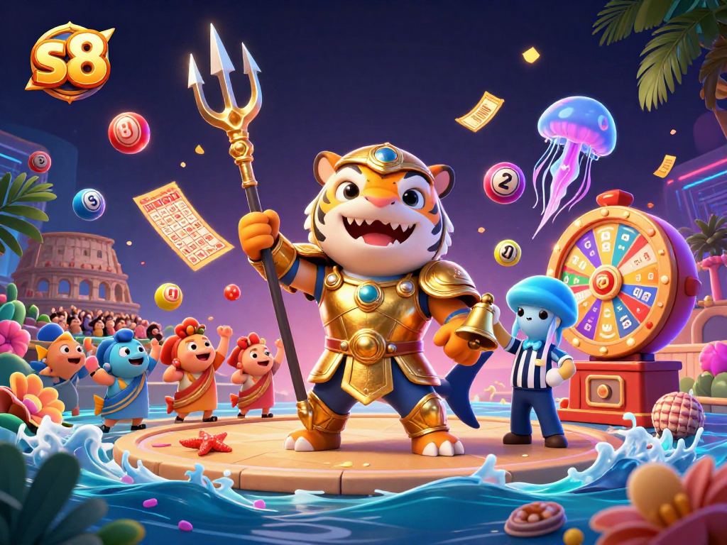 Engage with the exciting world of s8, featuring a tiger shark in gladiator armor amidst dynamic lottery elements.