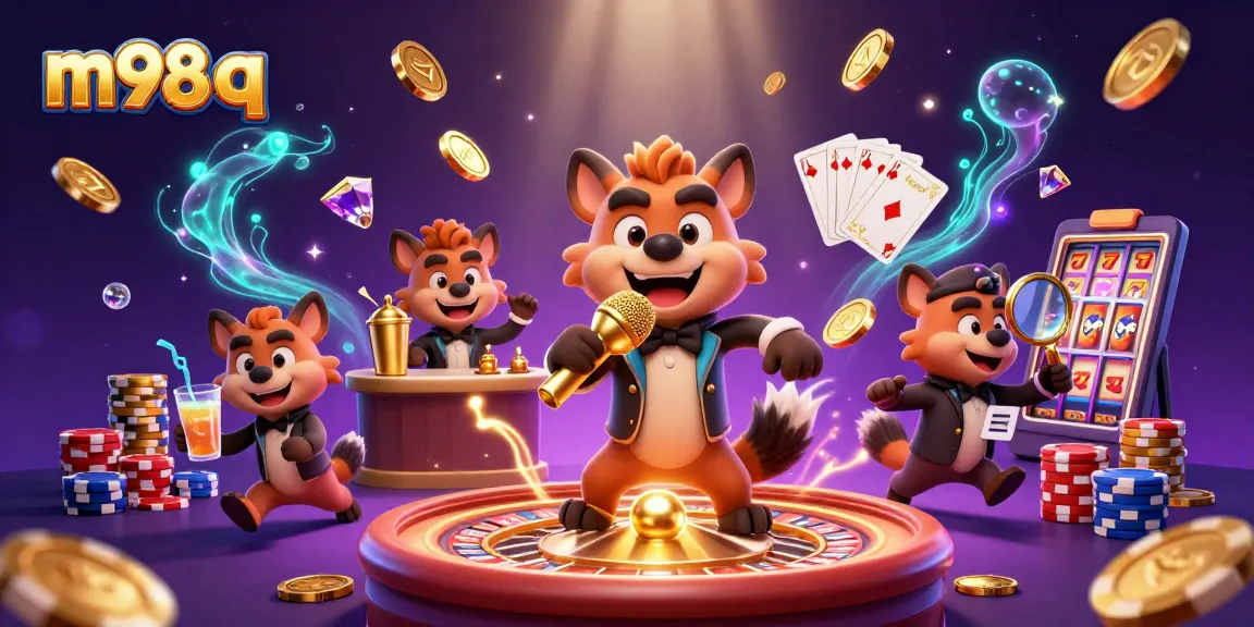 Engage in m98 q with a vibrant 3D illustration of hyenas running a comedy casino club, featuring a bartender, comedian, and bouncer.