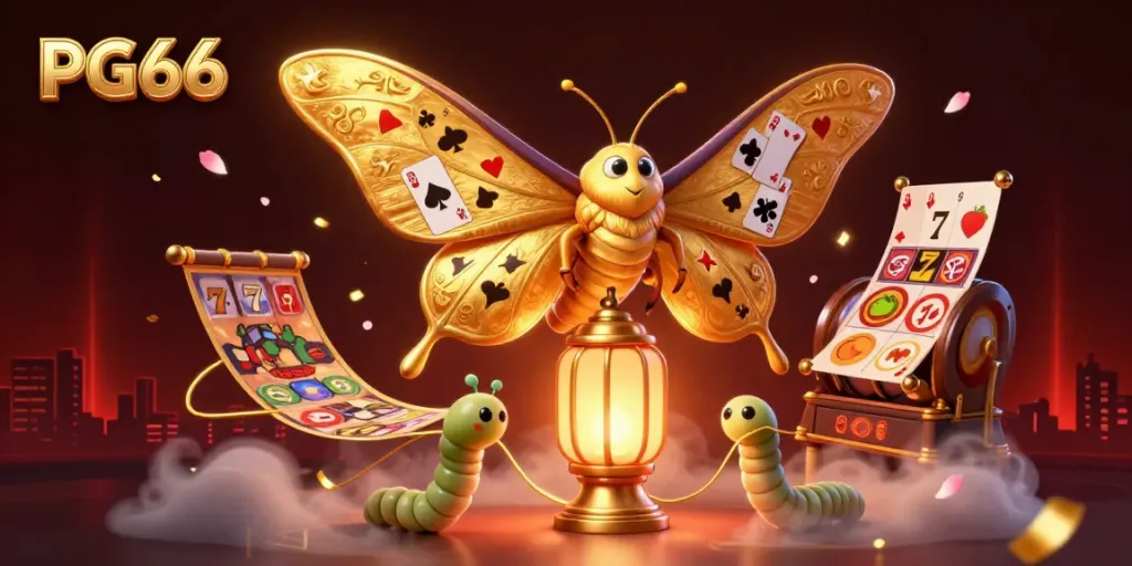 Engage with PG66's vibrant gaming experience featuring a majestic atlas moth with golden wings amid dynamic slot machines and casino treasures.