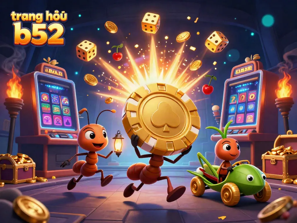 Engage with vibrant casino excitement through the trang chủ b52 heist illustration featuring ants, slots, and golden treasure.