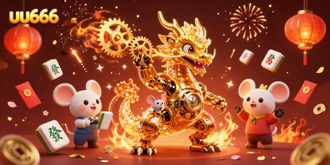 Witness the thrilling action at uu666 with a golden dragon, gears, and festive casino elements.