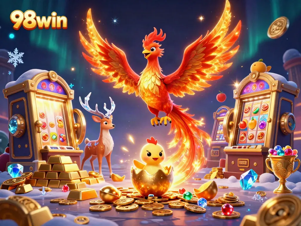 98win showcases a dazzling phoenix and stag in a vibrant 3D casino scene filled with gold and jewels.