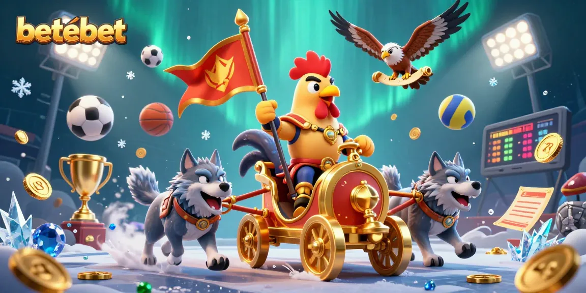 Experience betebet's action with a 3D rooster warlord and fierce wolves in a dynamic gambling scene.