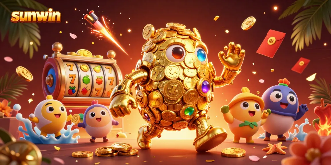 Experience sunwin with a dazzling 3D illustration of a golden golem amidst slot machine symbols and festive elements.