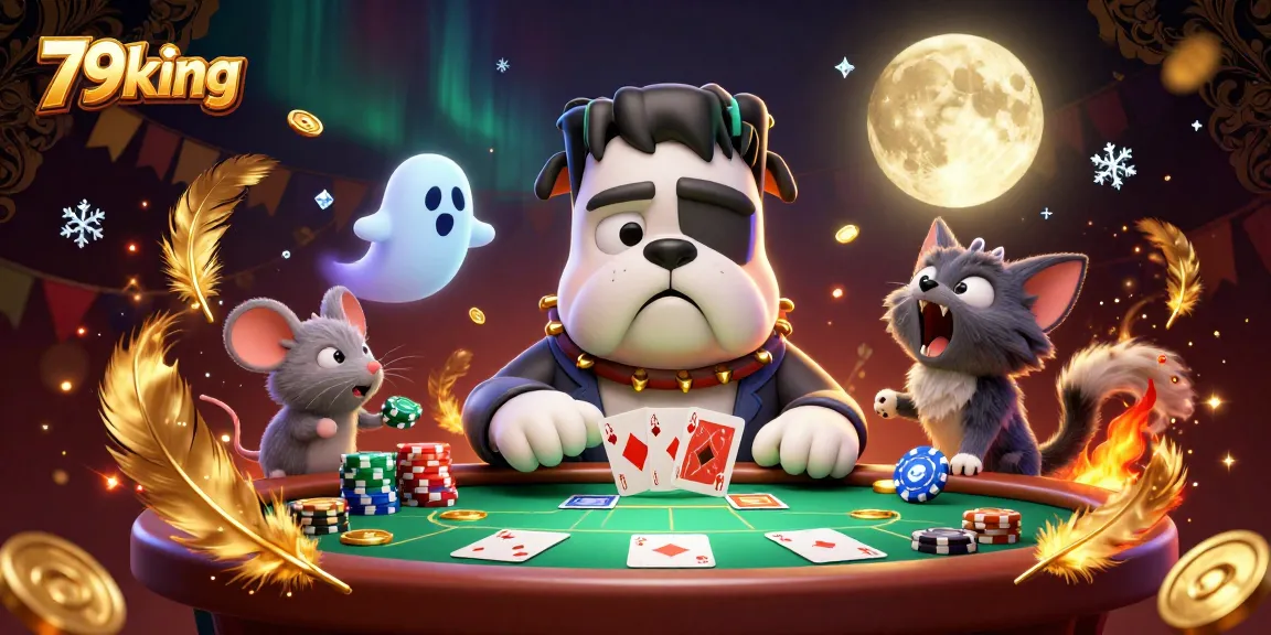 79king poker action scene with Frankenstein bulldog and werewolf kitten in a rich, detailed casino setting
