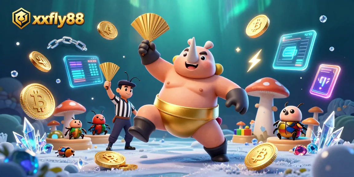 Engage with xxfly88's exciting gaming scene featuring a beetle champion amidst coins and crypto elements.