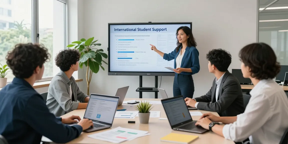 Collaborative meeting scene at https://aisa.org.uk with international student advisors discussing data and strategies.