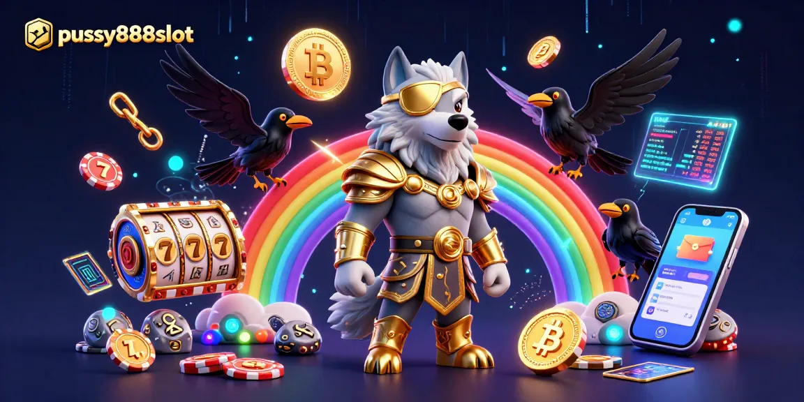 Pussy888slot features a dynamic illustration with Odin wolf and glowing slot elements, showcasing thrilling casino experiences.
